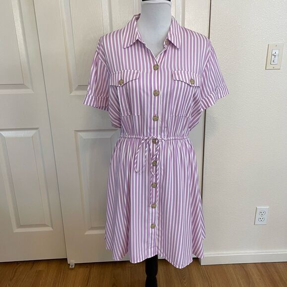 Loft Striped Mini Pocket Shirtdress Purple Size Medium - Picture 12 of 12